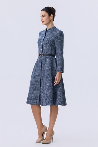 فستان شتوي أزرق بتصميم تويد أنيق