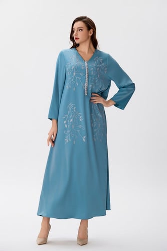 جلابية ستان ازرق بترولي مع إكسسوار