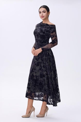 فستان سهرة بكتف مكشوف شيفون مع مخمل