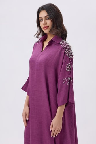 جلابية كتان بنفسجي مع كريستال على الكتف