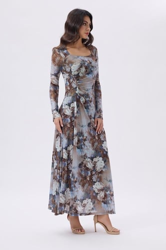 فستان ميدي مورد بأكمام طويلة