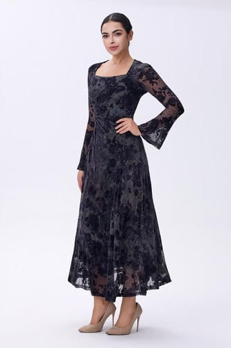 فستان أسود مخملي دانتيل بأكمام شفافة