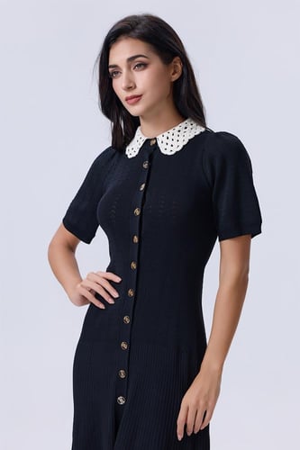 فستان أسود بياقة كروشيه وأزرار أمامية