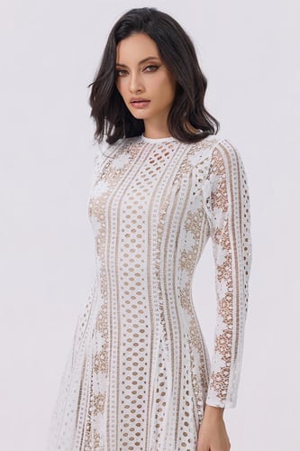 فستان أبيض طويل دانتيل أكمام طويلة | Prando
