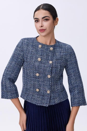 جاكيت تويد أزرق بأزرار ذهبية مزدوجة