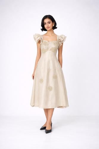 فستان بيج بتفاصيل تطريز ناعمة وأكمام كشكش راقية