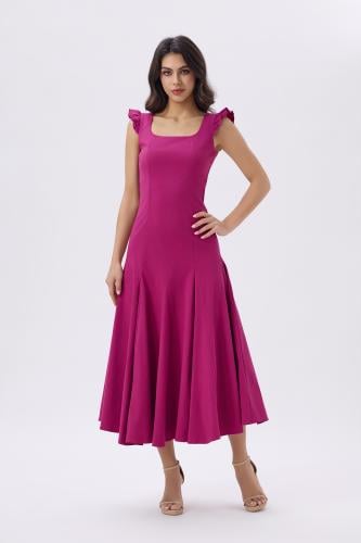 فستان ميدي فوشي بقصة أنثوية وكشكش أكتاف | إطلالة ر...