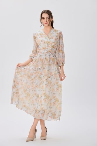 فستان شيفون بيج بنقشة الزهور الترابية