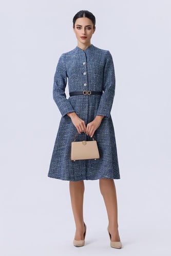 فستان شتوي أزرق بتصميم تويد أنيق