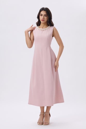 فستان ميدي وردي أنيق بتطريز لؤلؤي | Prando