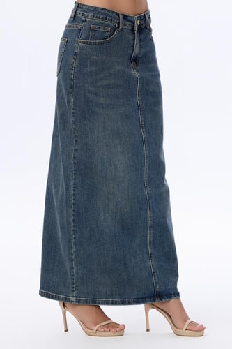 تنورة جينز طويلة بلون أزرق داكن