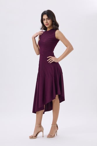 فستان بنفسجي صوف ناعم بقصة غير متماثلة