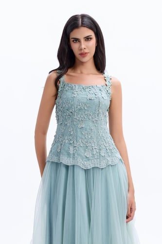 فستان ميدي تركوازي بتوب دانتيل وتنورة تول