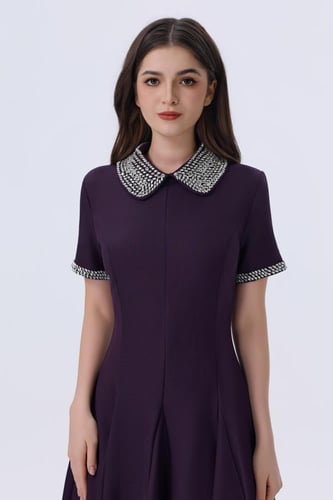 فستان بنفسجي قصير بياقة مزخرفة أنيقة وأكمام قصيرة...