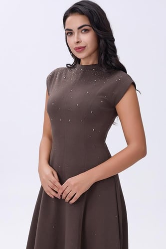 فستان شتوي بني بتطريز ناعم