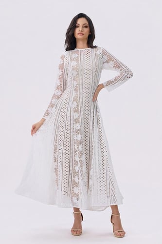 فستان أبيض طويل دانتيل أكمام طويلة | Prando