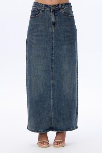 تنورة جينز طويلة بلون أزرق داكن