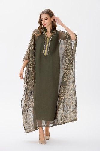 جلابية شيفون زيتي مزينة بتطريز ذهبي