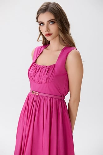 فستان قطن فوشيا بزم على الصدر