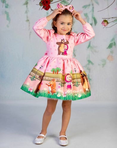 فستان بنات -ماشا والدب الفاخر كم طويل