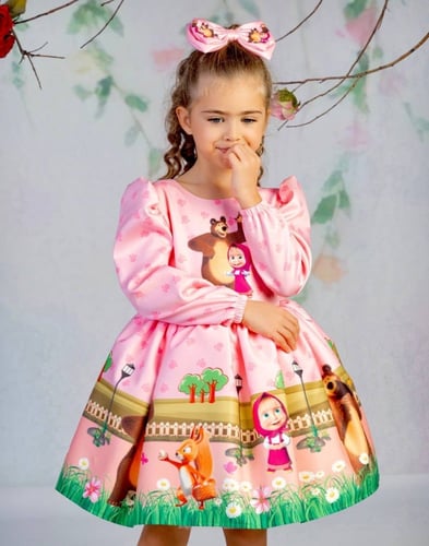 فستان بنات -ماشا والدب الفاخر كم طويل