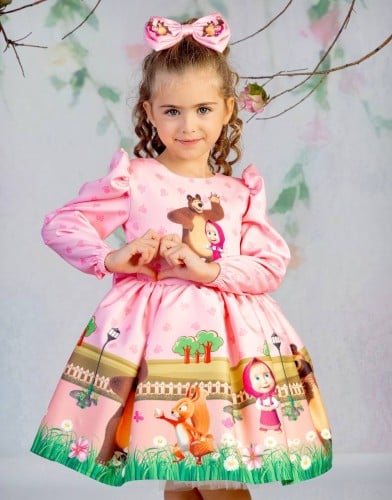 فستان بنات -ماشا والدب الفاخر كم طويل