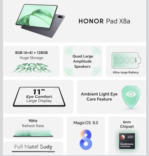تابلت HONOR Pad X8a رام 4 128GB جيجا رمادي