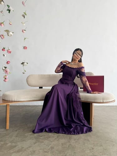 فستان موف سهرة أكمام دانتيل