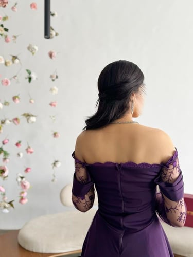 فستان موف سهرة أكمام دانتيل