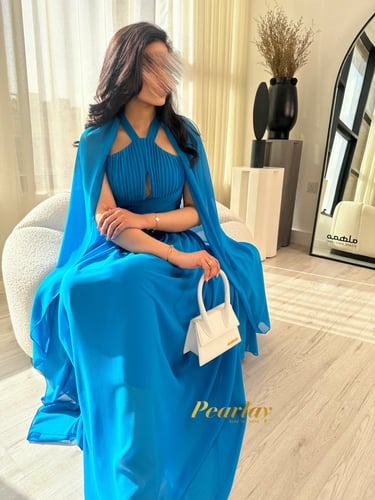 فستان شيفون ازرق بأكمام