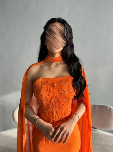 فستان شيفون شك يدوي قطعتين ااورنج