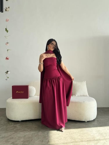 فستان ناعم عنابي برباط خلفي