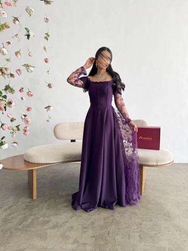 فستان موف سهرة أكمام دانتيل