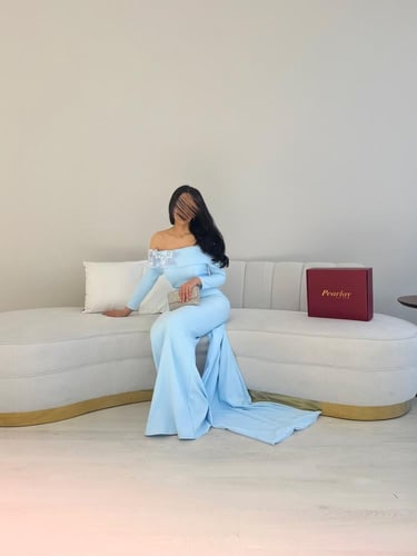 فستان سهره سماوي باكمام طويله