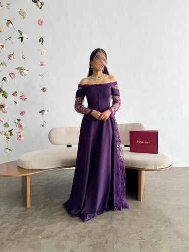 فستان موف سهرة أكمام دانتيل