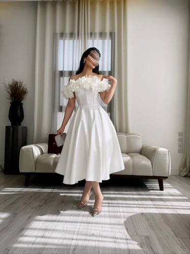 فستان ورود ابيض اوف شولدر ميدي