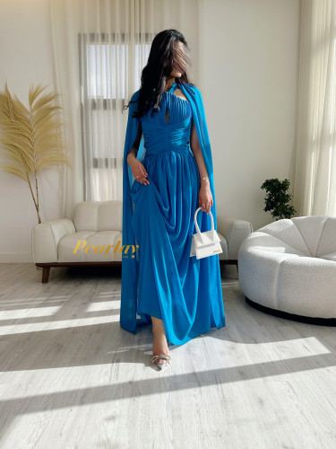 فستان شيفون ازرق بأكمام