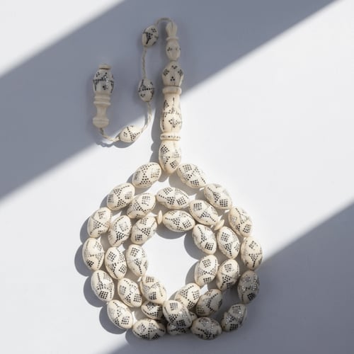 سبحة عاج ناب الفيل الافريقي مطعم بالفضة