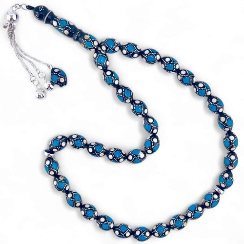 سبحة يسر المرجان الأسود والفضة مع فيـروز وعاج 10 م...