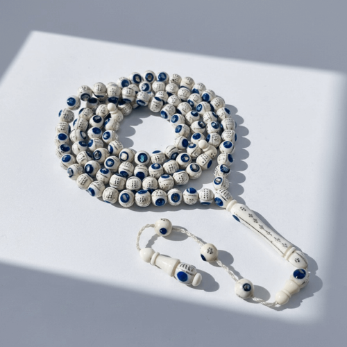 سبحة عاج ناب الفيل مطعمة بالفضة و صدف و لازورد - 9...