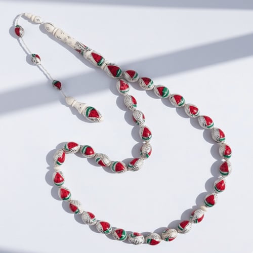 سبحة فاخرة من عاج ناب الفيل مطعم فضة عيار 1000 - 1...