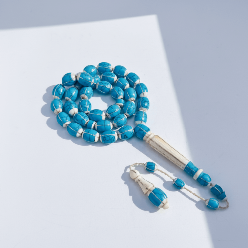 سبحة عاج ناب الفيل الافريقي مرصعة بالفضة و الفيروز...