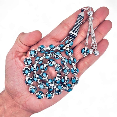 سبحة يسر مطعمة بالفضة و حجر الفيروز الطبيعي - تصمي...