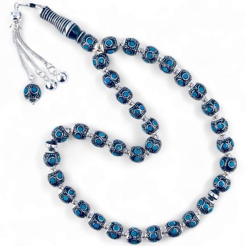 سبحة يسر مطعم بالفضة عيار 925 و لون الفيروز 10 ملي