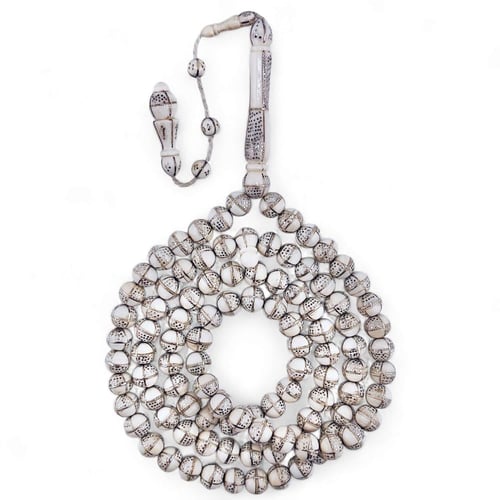 سبحة عاج ناب الفيل مطعم فضة عيار 925