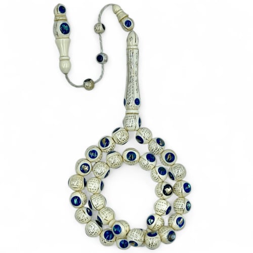 سبحة عاج ناب الفيل مطعمة بالفضة و صدف و لازورد - 3...