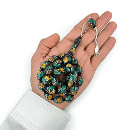 سبحة كوك فاخر مطعم بالفضة عيار 999 و حجر الملاكايت...