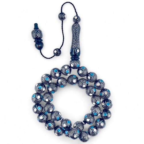 سبحة كوك أسود طبيعي فاخرة مطعمة بالفضة والفيروز وا...