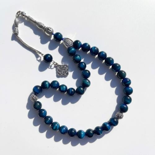 سبحة حجر عين النمر الكريم باللون الازرق