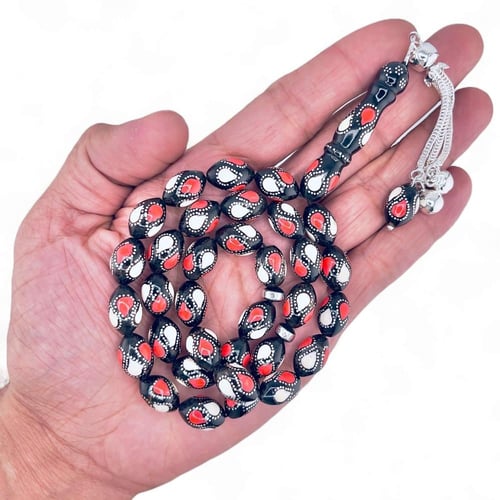 سبحة يسر المرجان الأسود والفضة بمرجان طبيعي وعاج 1...